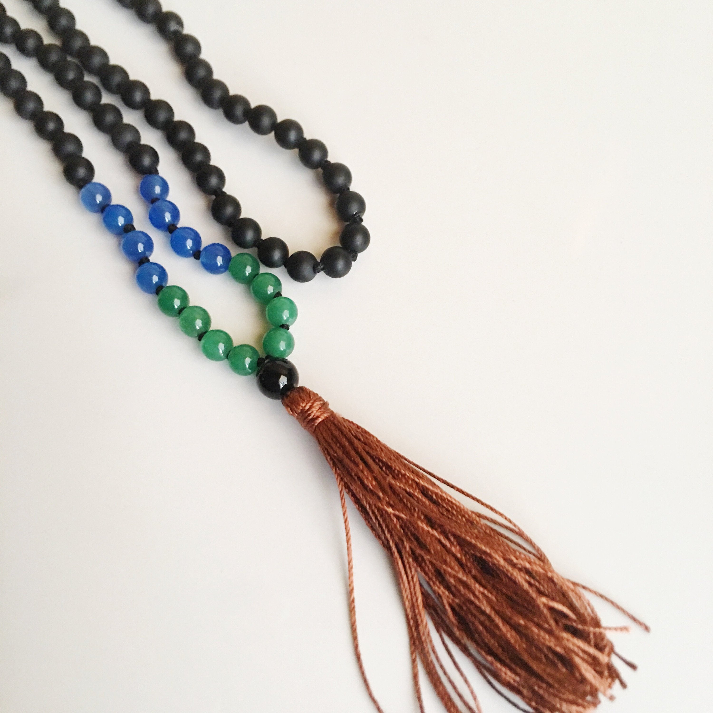 Black Onyx, Aventurine & Blue Agate 108 Mala Bead Necklace